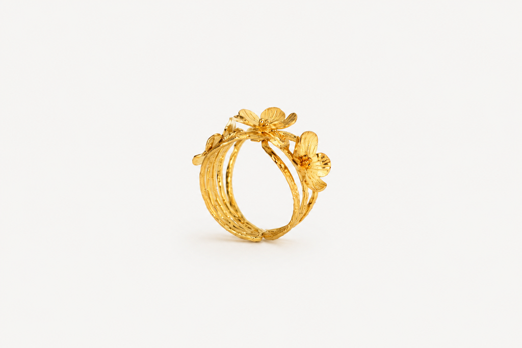 Bague ajustable fleur en argent 925 dorée à l'or 24 carats