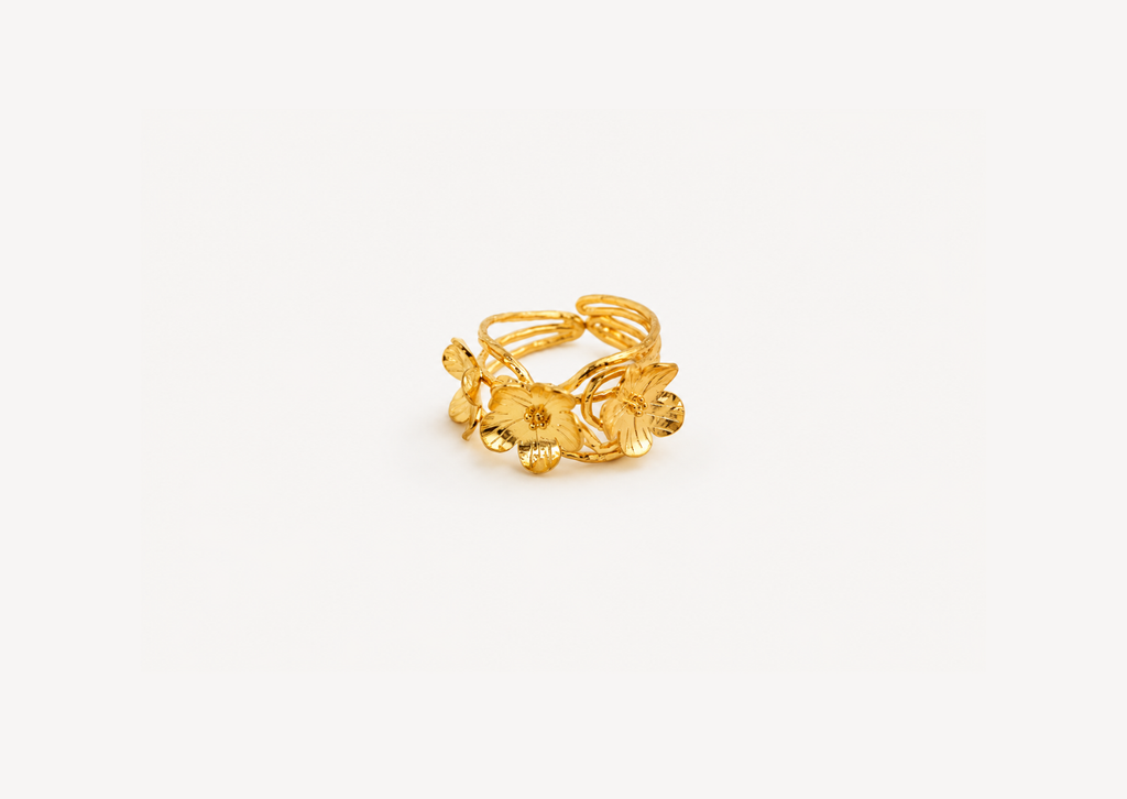 Bague ajustable fleur en argent 925 dorée à l'or 24 carats